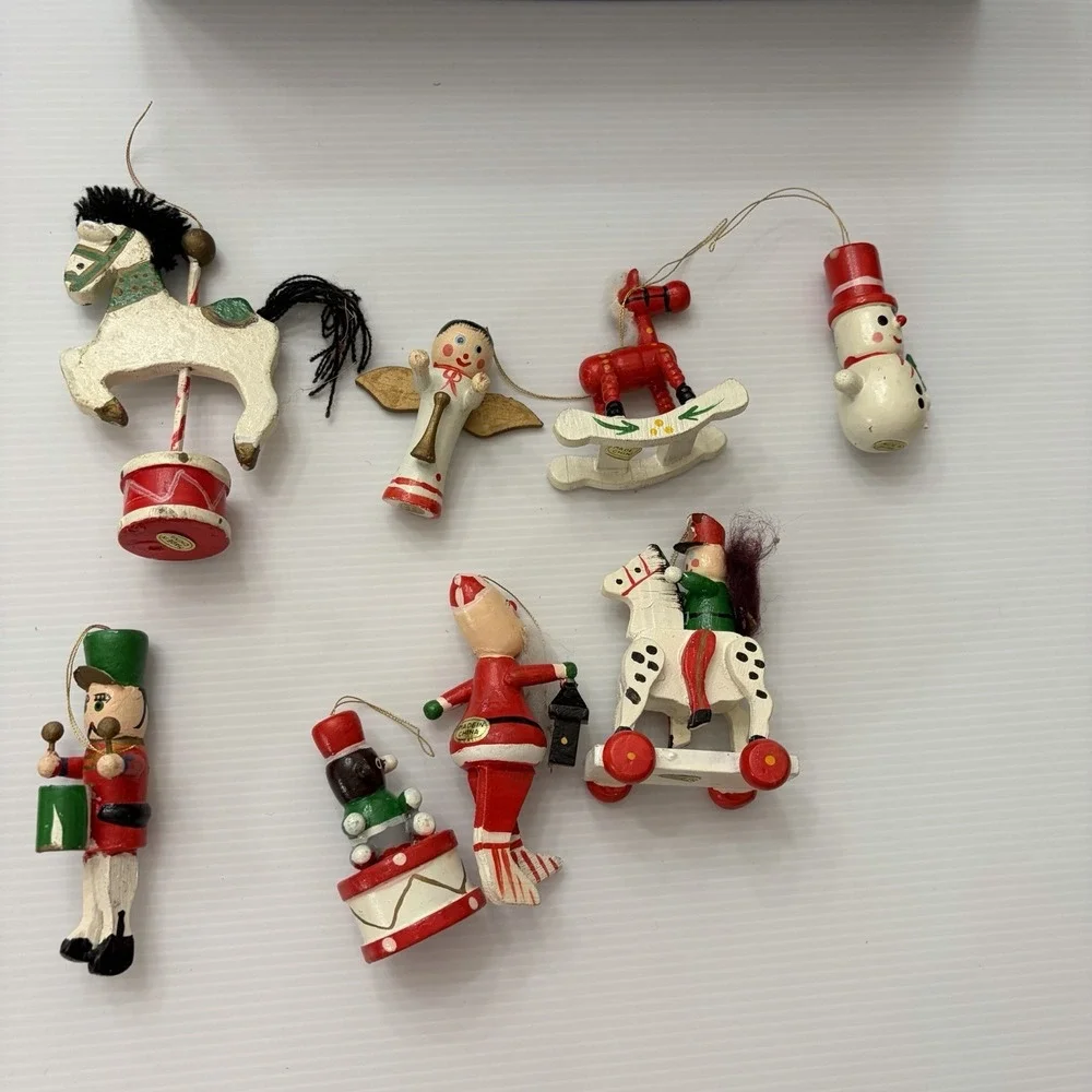 Vintage 70s 80s Wooden Christmas Tree Ornaments Lot Of 8 Folk‎ Art Angel Santa